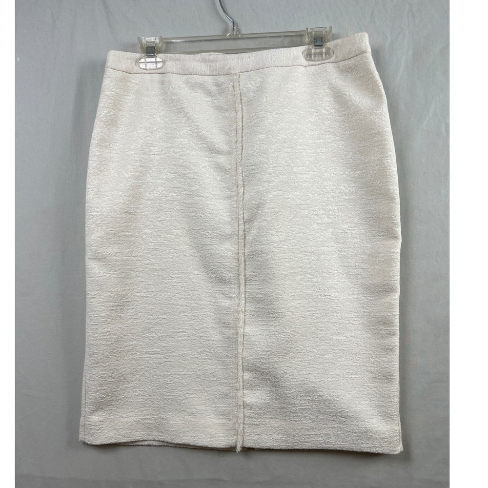 Ann Taylor Pencil Skirt Women 12 Cream Tweed Fringed Back Vent Business Formal